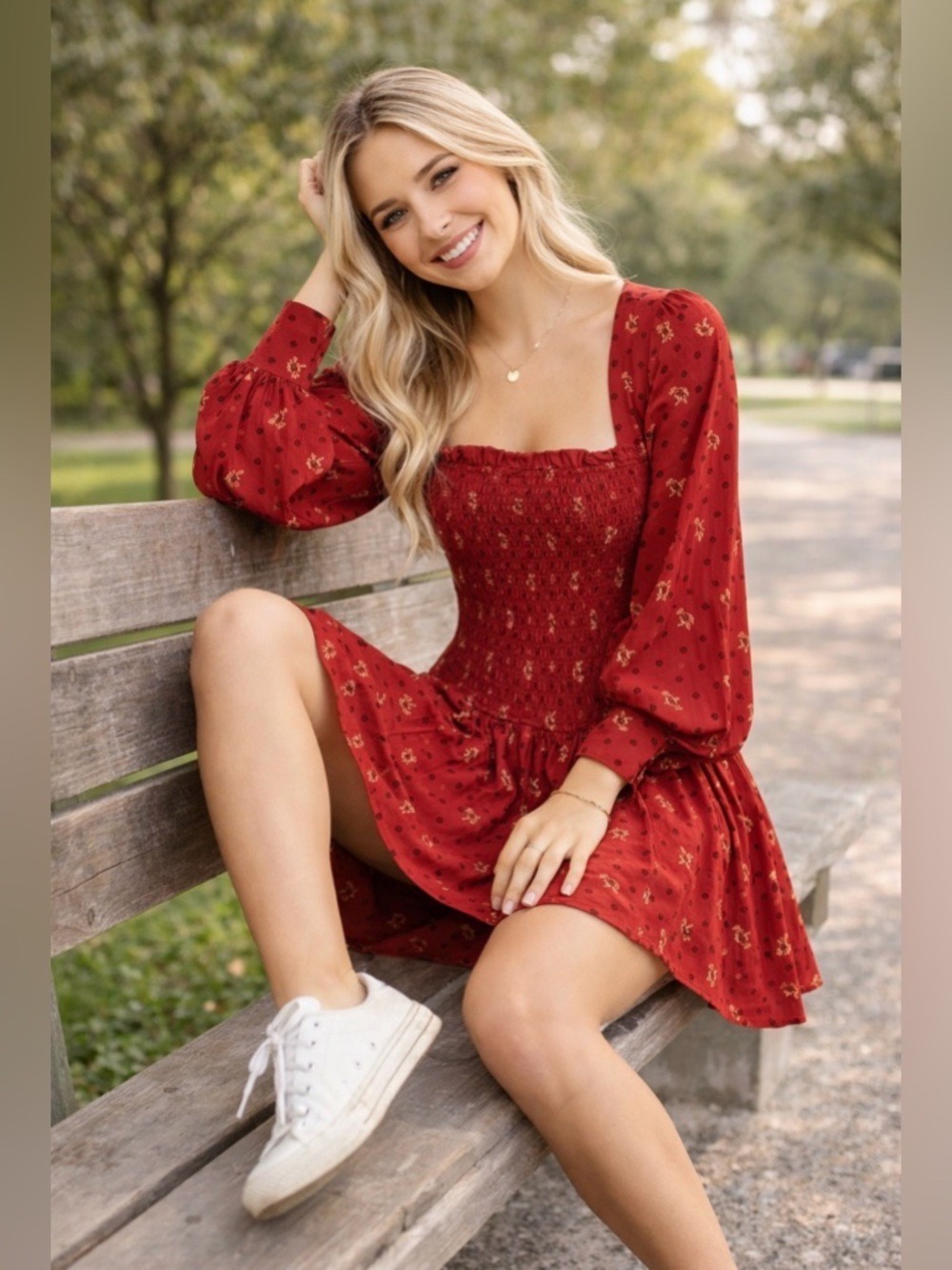 FREE PEOPLE TWO FACES RED PRINT SMOCKED MINI DRESS BOHO PUFF SLEEVE COQUETTE L - Picture 2 of 13
